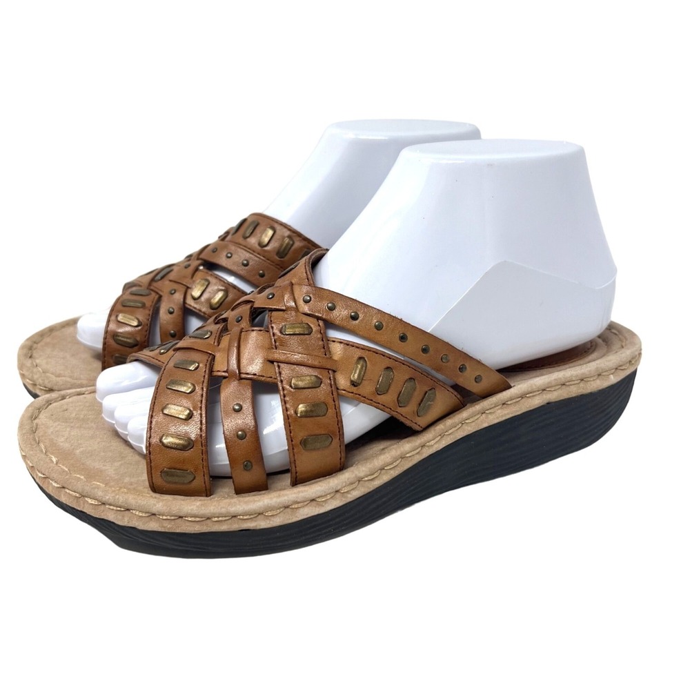 Clarks Womens Uma Tan Brown Leather Strappy Woven Wedge Sandals Sz 8.5- READ